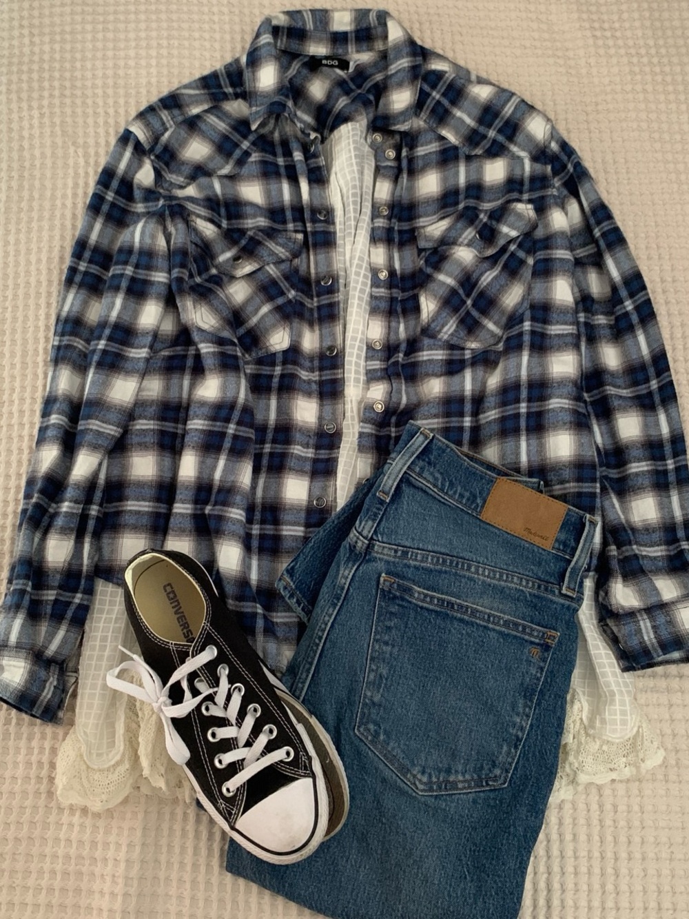 BDG Blue and White Plaid Flannel Lace Hem